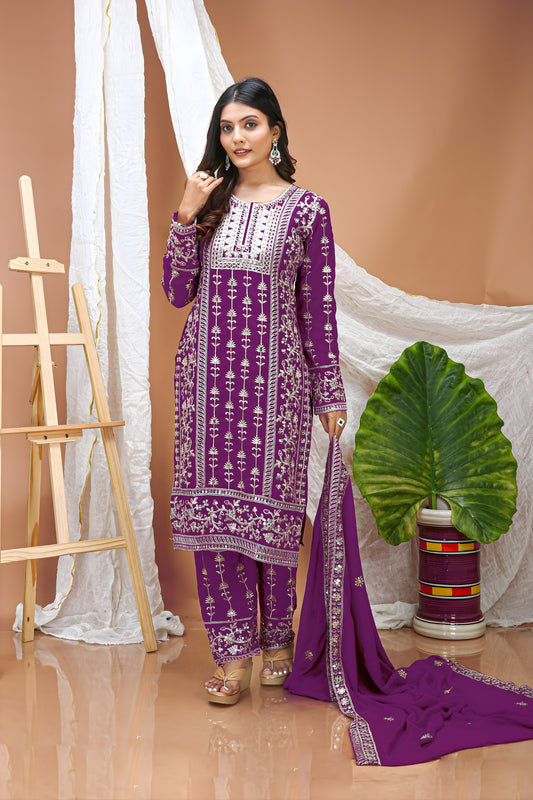 Stylish Purple Faux Georgette Embroidered Palazzo Suit with Dupatta for Women