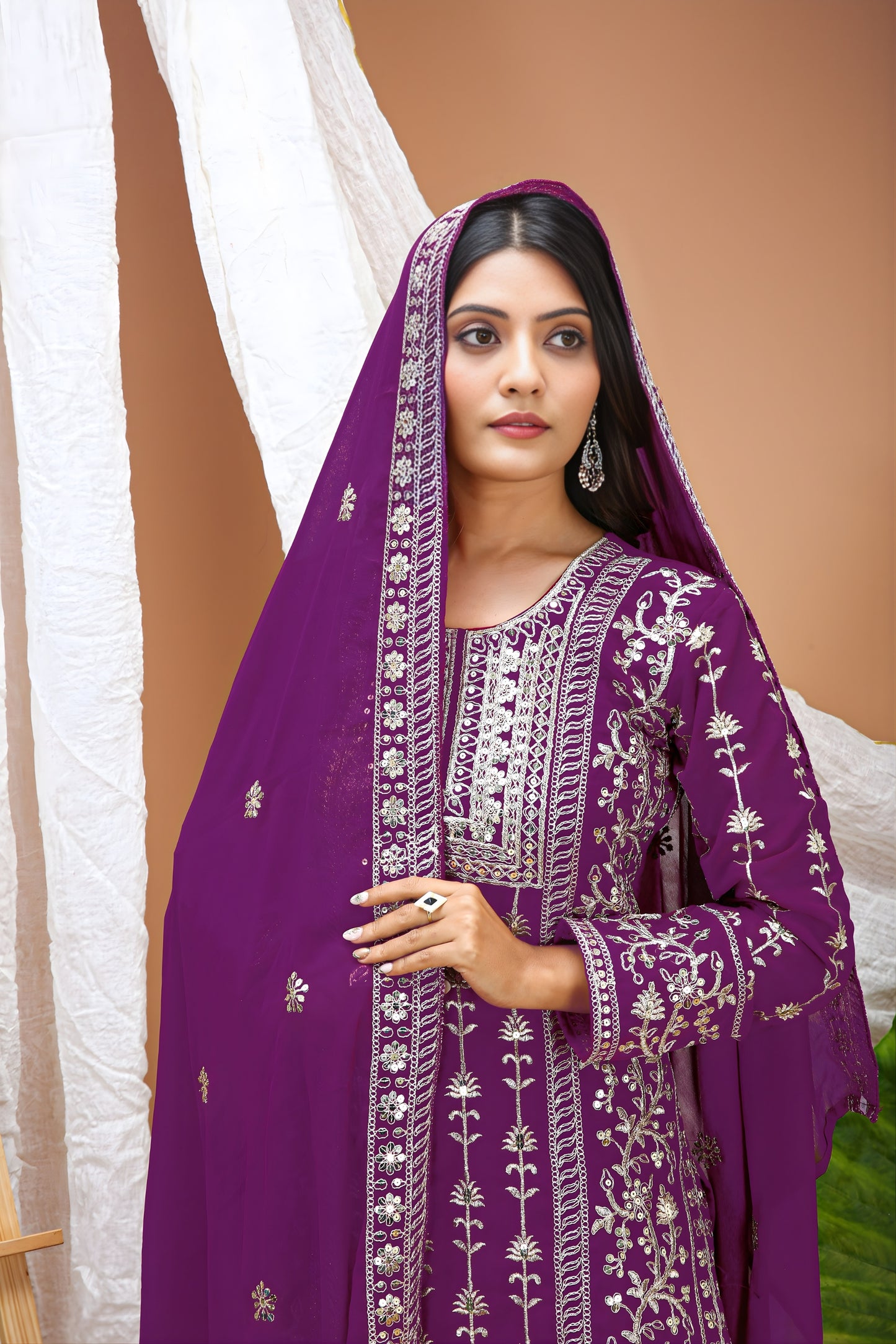 Stylish Purple Faux Georgette Embroidered Palazzo Suit with Dupatta for Women