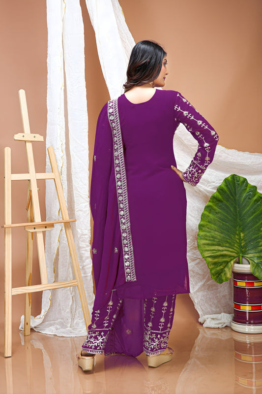 Stylish Purple Faux Georgette Embroidered Palazzo Suit with Dupatta for Women