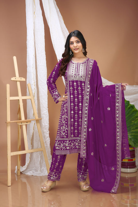 Stylish Purple Faux Georgette Embroidered Palazzo Suit with Dupatta for Women