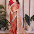 Peach Silk Saree Embroidery Border Designer Blouse Party Wear