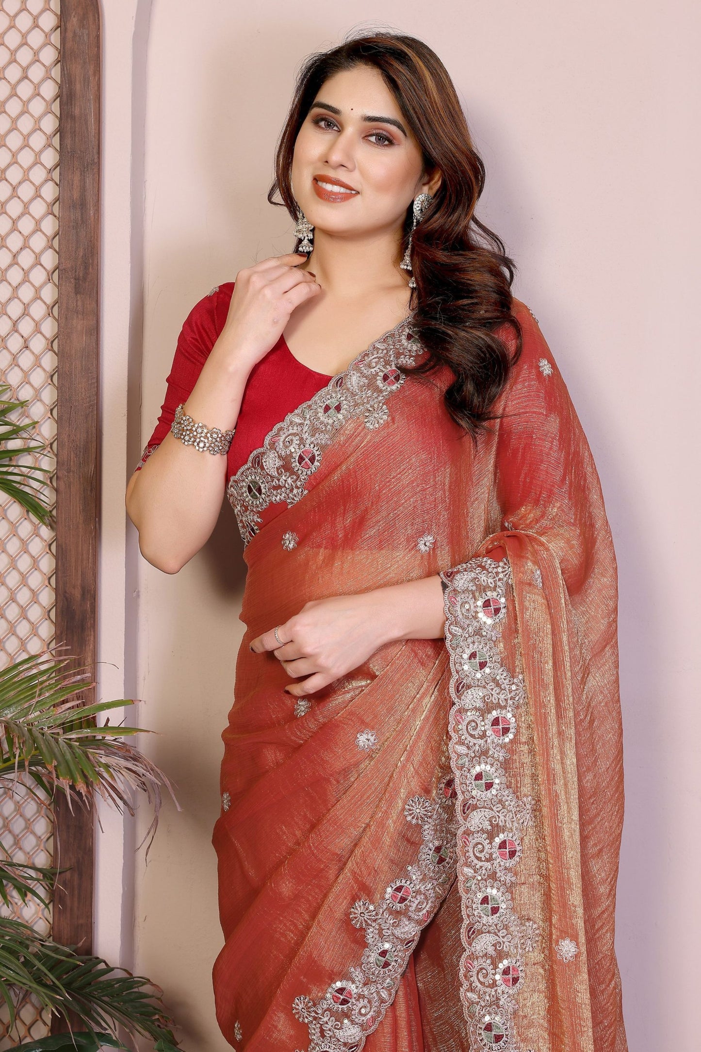 Peach Silk Saree Embroidery Border Designer Blouse Party Wear