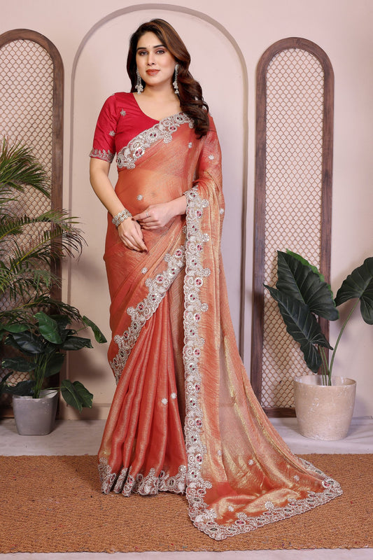 Peach Silk Saree Embroidery Border Designer Blouse Party Wear