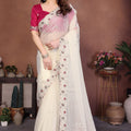 Off-White Organza Saree Embroidered Lace Border Designer Pink Blouse