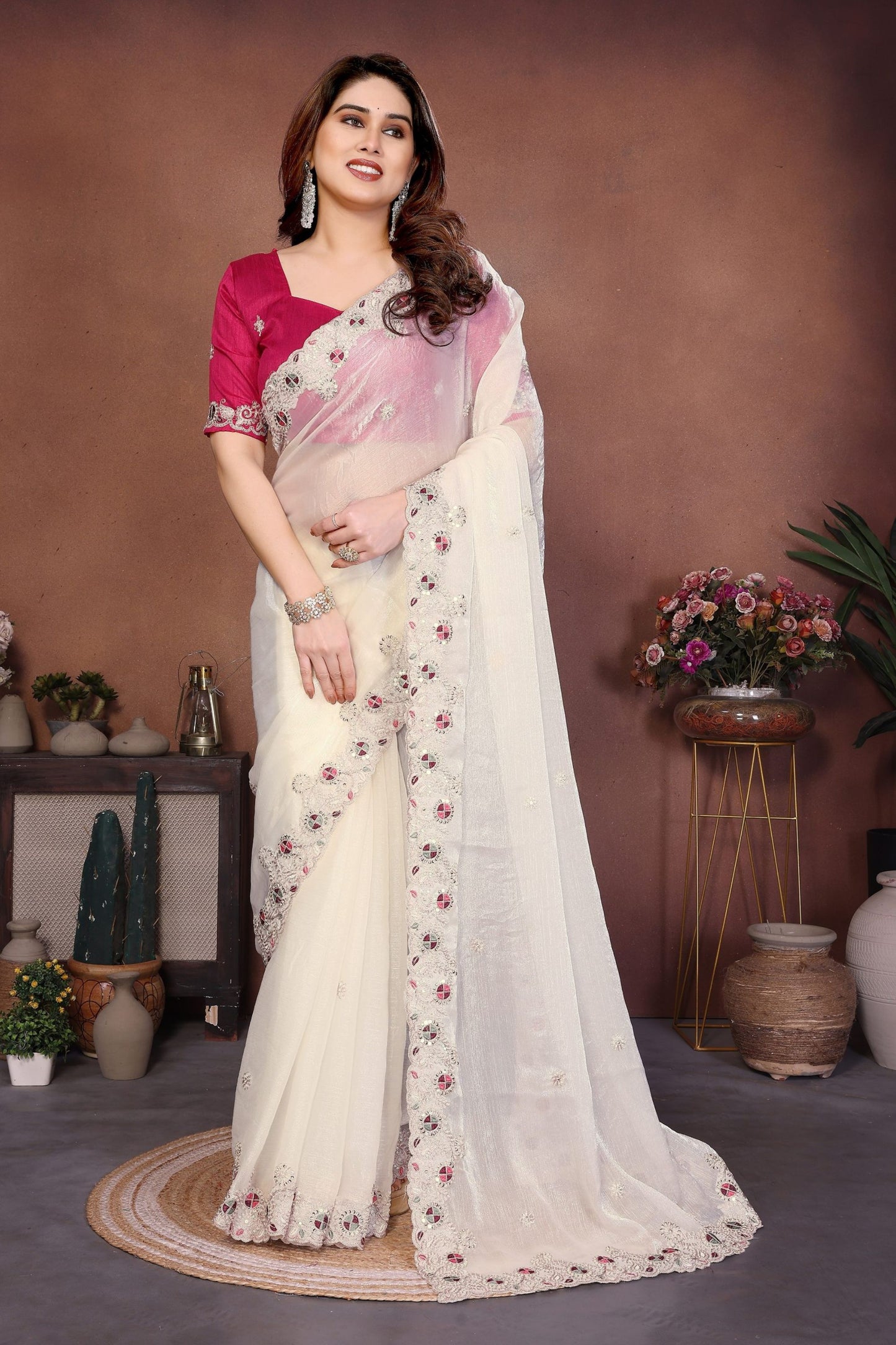 Off-White Organza Saree Embroidered Lace Border Designer Pink Blouse