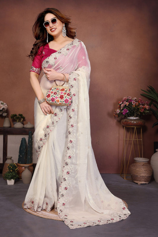 Off-White Organza Saree Embroidered Lace Border Designer Pink Blouse