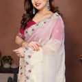 Off-White Organza Saree Embroidered Lace Border Designer Pink Blouse