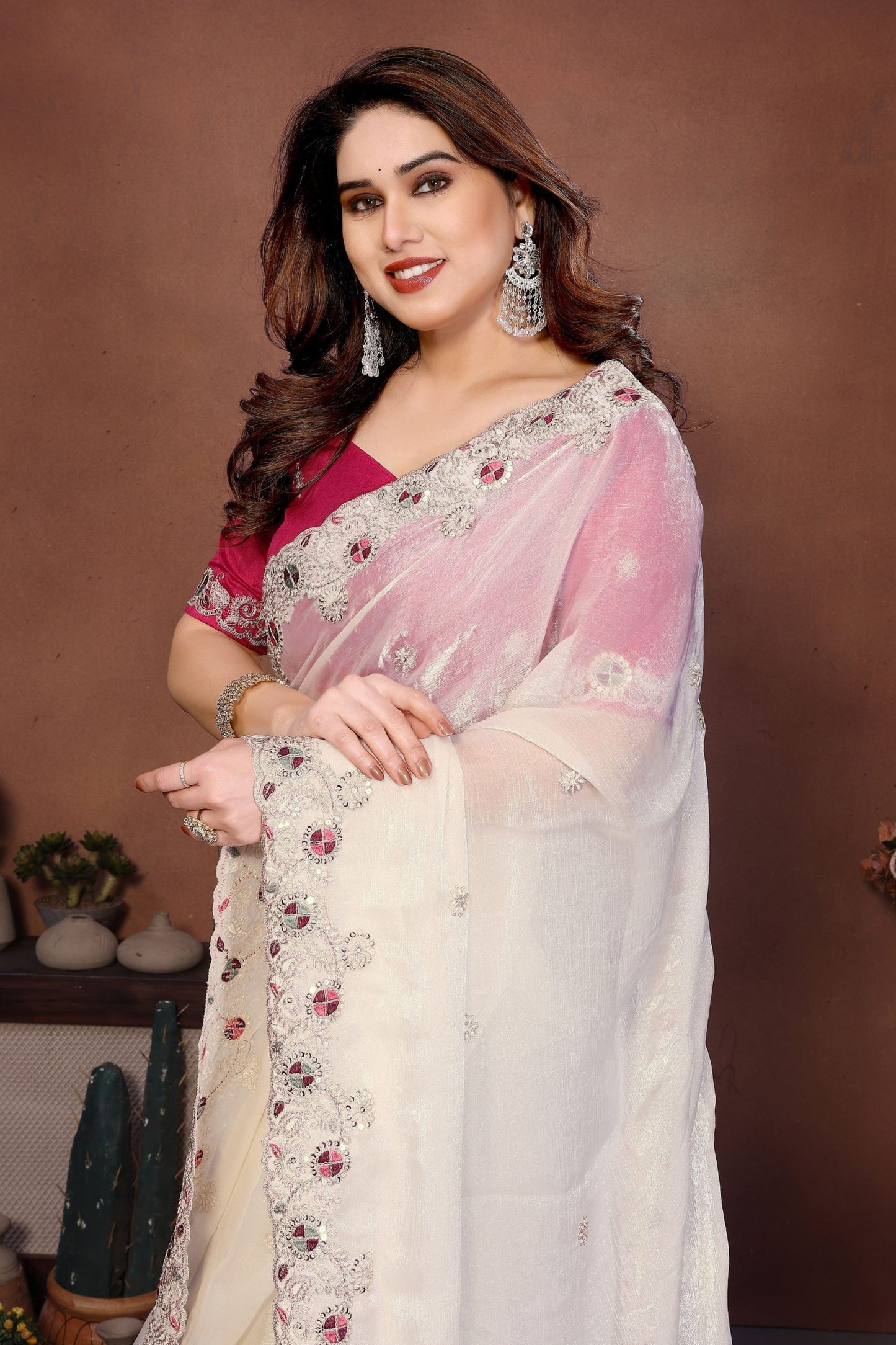 Off-White Organza Saree Embroidered Lace Border Designer Pink Blouse