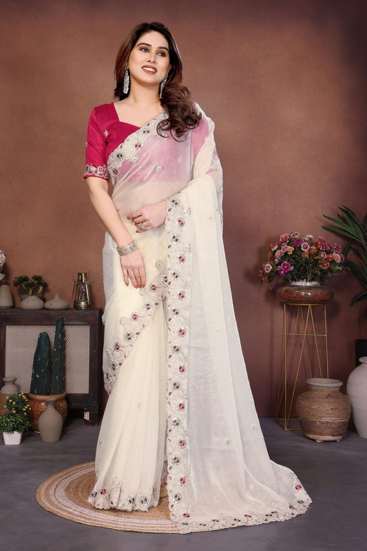 Off-White Organza Saree Embroidered Lace Border Designer Pink Blouse