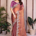 Peach Pink  Silk Saree Floral Embroidery Border Designer Wine Blouse
