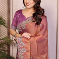 Peach Pink  Silk Saree Floral Embroidery Border Designer Wine Blouse