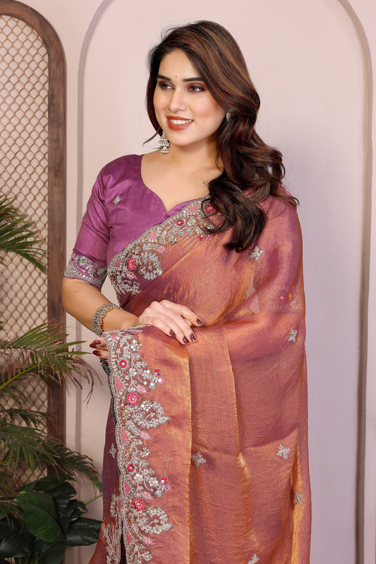 Peach Pink  Silk Saree Floral Embroidery Border Designer Wine Blouse