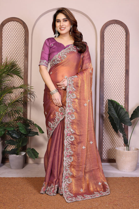 Peach Pink  Silk Saree Floral Embroidery Border Designer Wine Blouse