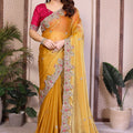 Mustard Yellow Silk Saree Floral Embroidery Border Designer Pink Blouse