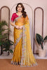 Mustard Yellow Silk Saree Floral Embroidery Border Designer Pink Blouse