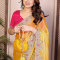 Mustard Yellow Silk Saree Floral Embroidery Border Designer Pink Blouse