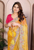 Mustard Yellow Silk Saree Floral Embroidery Border Designer Pink Blouse