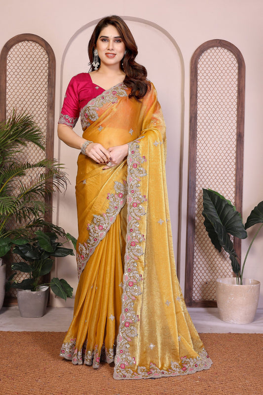 Mustard Yellow Silk Saree Floral Embroidery Border Designer Pink Blouse