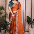 Orange Silk Saree with Floral Embroidered Border Green Blouse