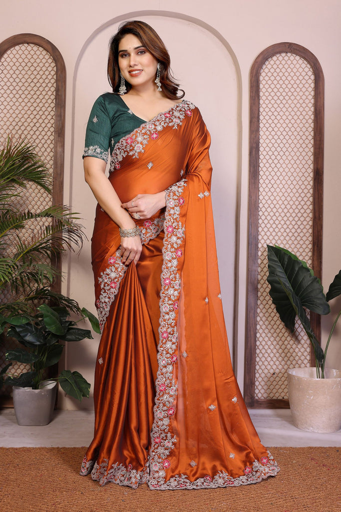 Orange Silk Saree with Floral Embroidered Border Green Blouse