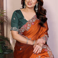 Orange Silk Saree with Floral Embroidered Border Green Blouse