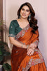 Orange Silk Saree with Floral Embroidered Border Green Blouse