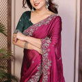 Wine Pink Silk Saree Floral Embroidery Contrast Green Blouse