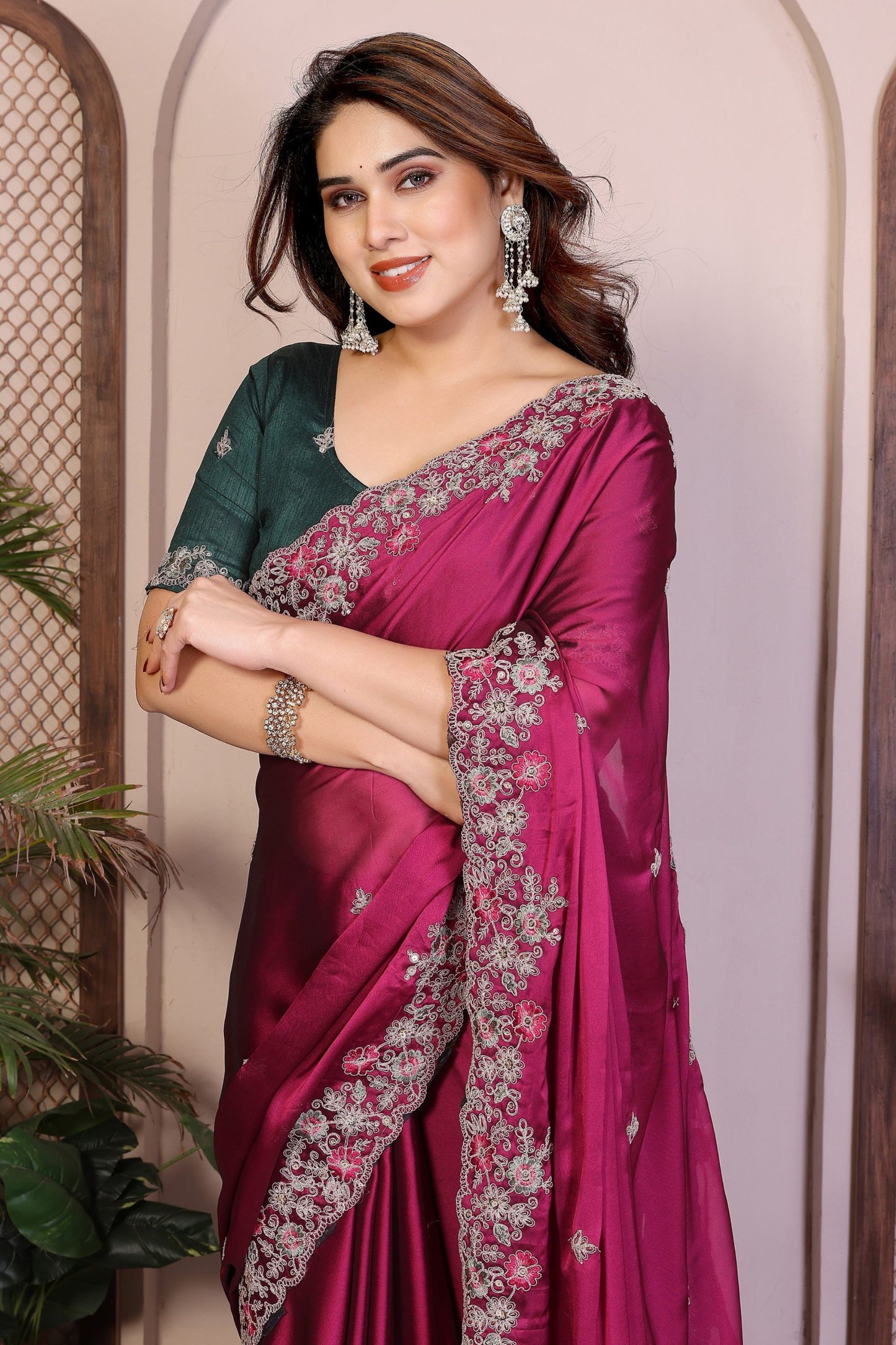 Wine Pink Silk Saree Floral Embroidery Contrast Green Blouse