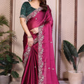 Wine Pink Silk Saree Floral Embroidery Contrast Green Blouse