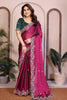 Wine Pink Silk Saree Floral Embroidery Contrast Green Blouse