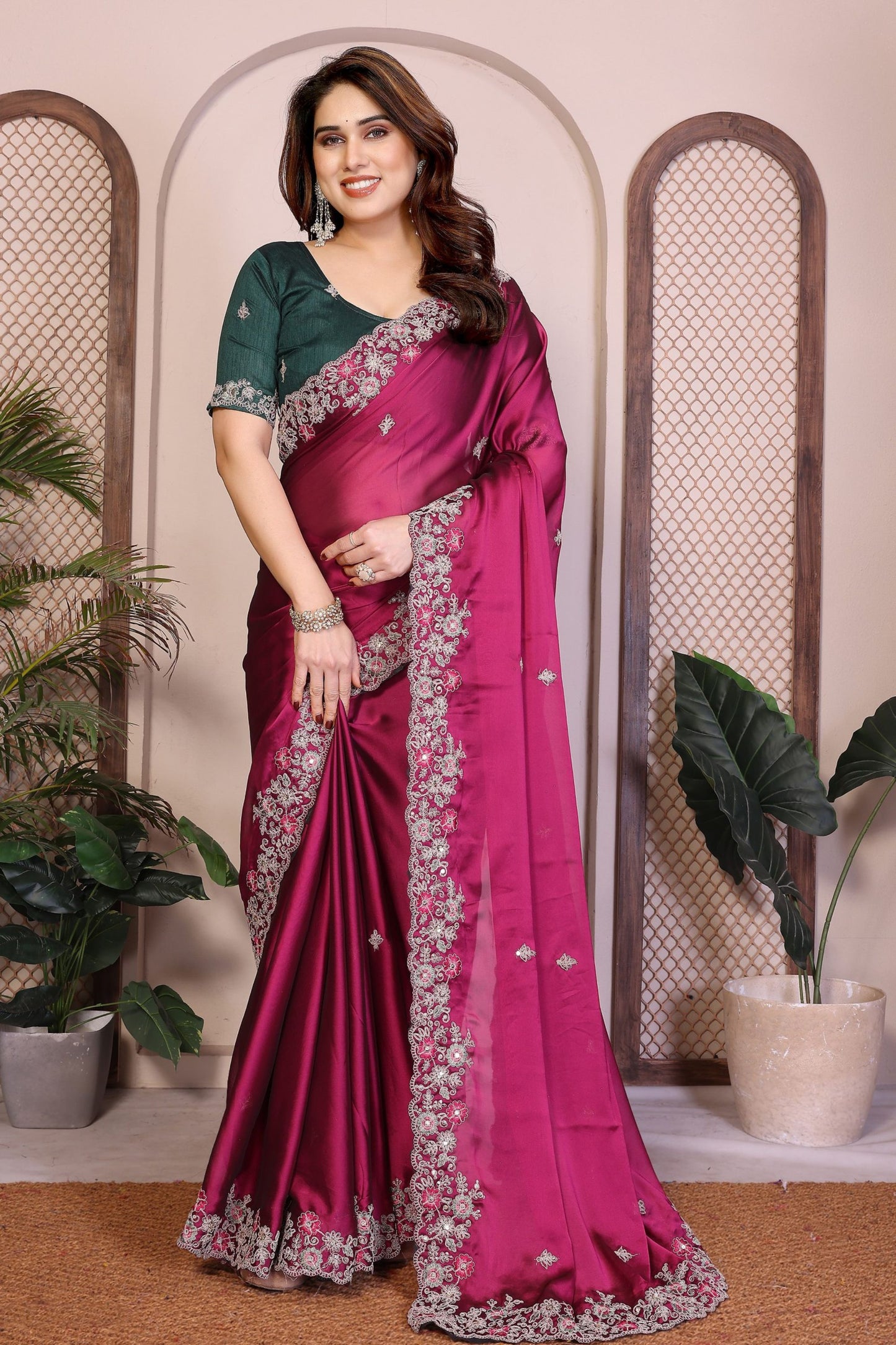 Wine Pink Silk Saree Floral Embroidery Contrast Green Blouse