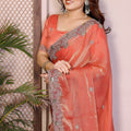 Peach Orange Silk Saree with Rich Embroidered Border