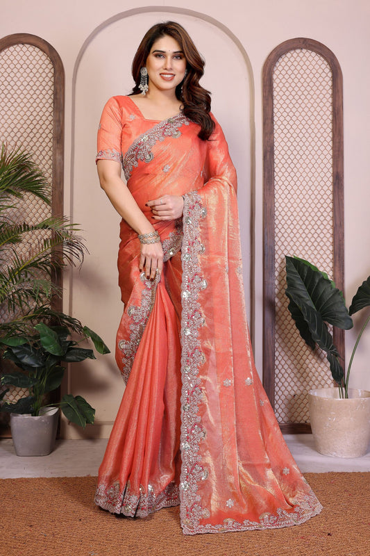 Peach Orange Silk Saree with Rich Embroidered Border