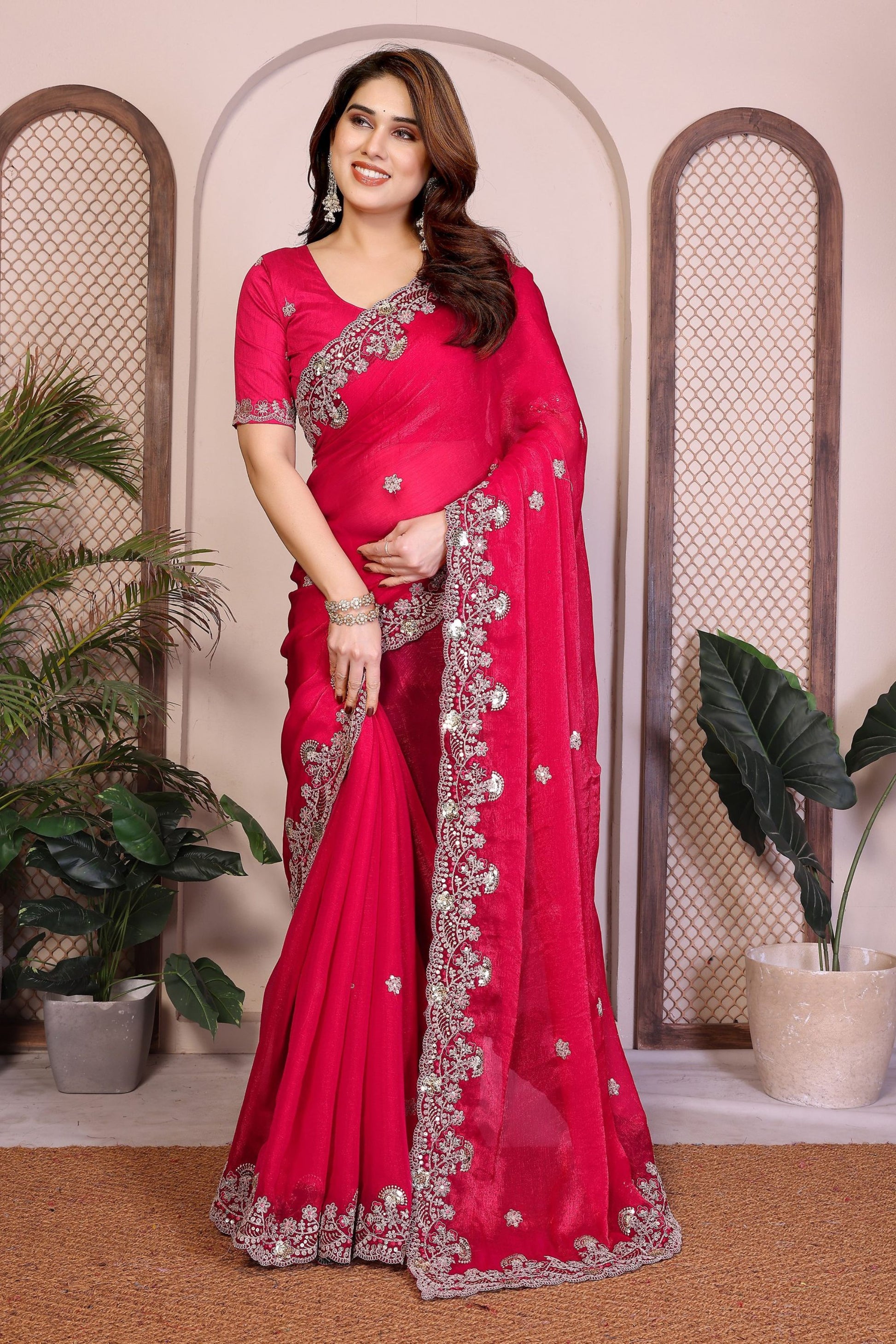 Rani Pink Silk Saree Heavy Floral Embroidered Border