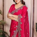 Rani Pink Silk Saree Heavy Floral Embroidered Border