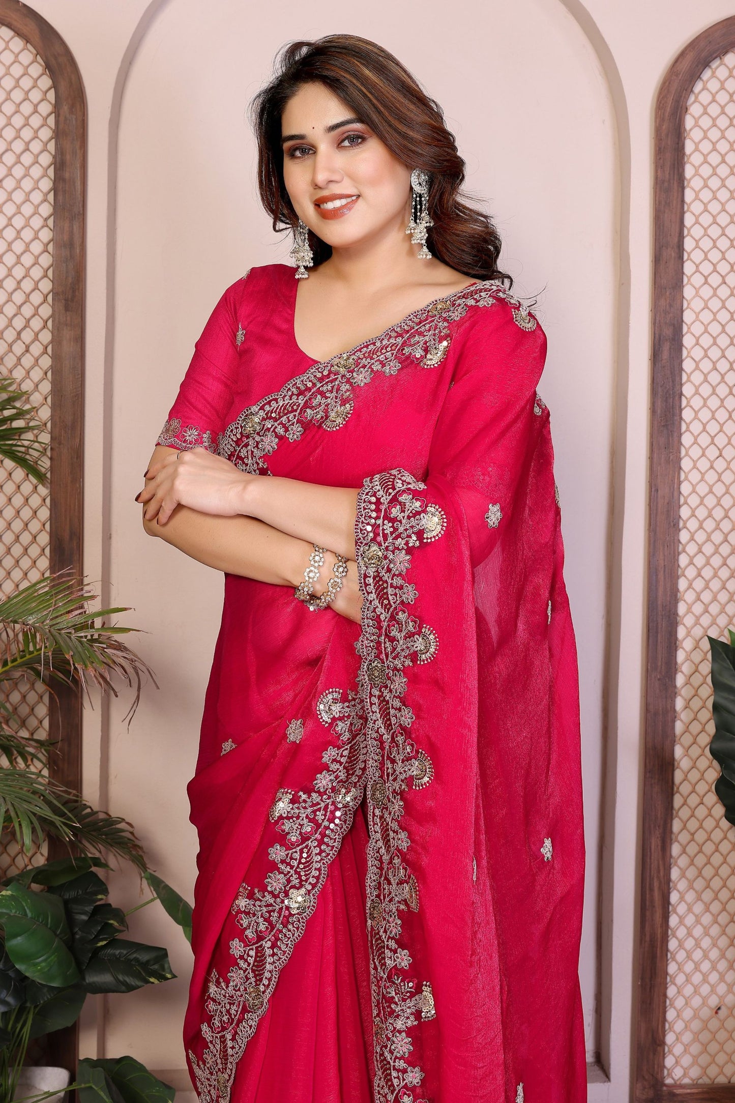 Rani Pink Silk Saree Heavy Floral Embroidered Border