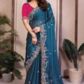 Teal Blue Embroidered Silk Saree with Magenta Blouse