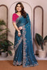 Teal Blue Embroidered Silk Saree with Magenta Blouse