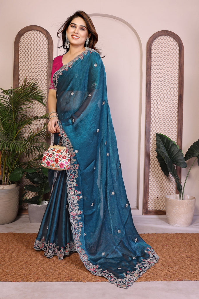 Teal Blue Embroidered Silk Saree with Magenta Blouse