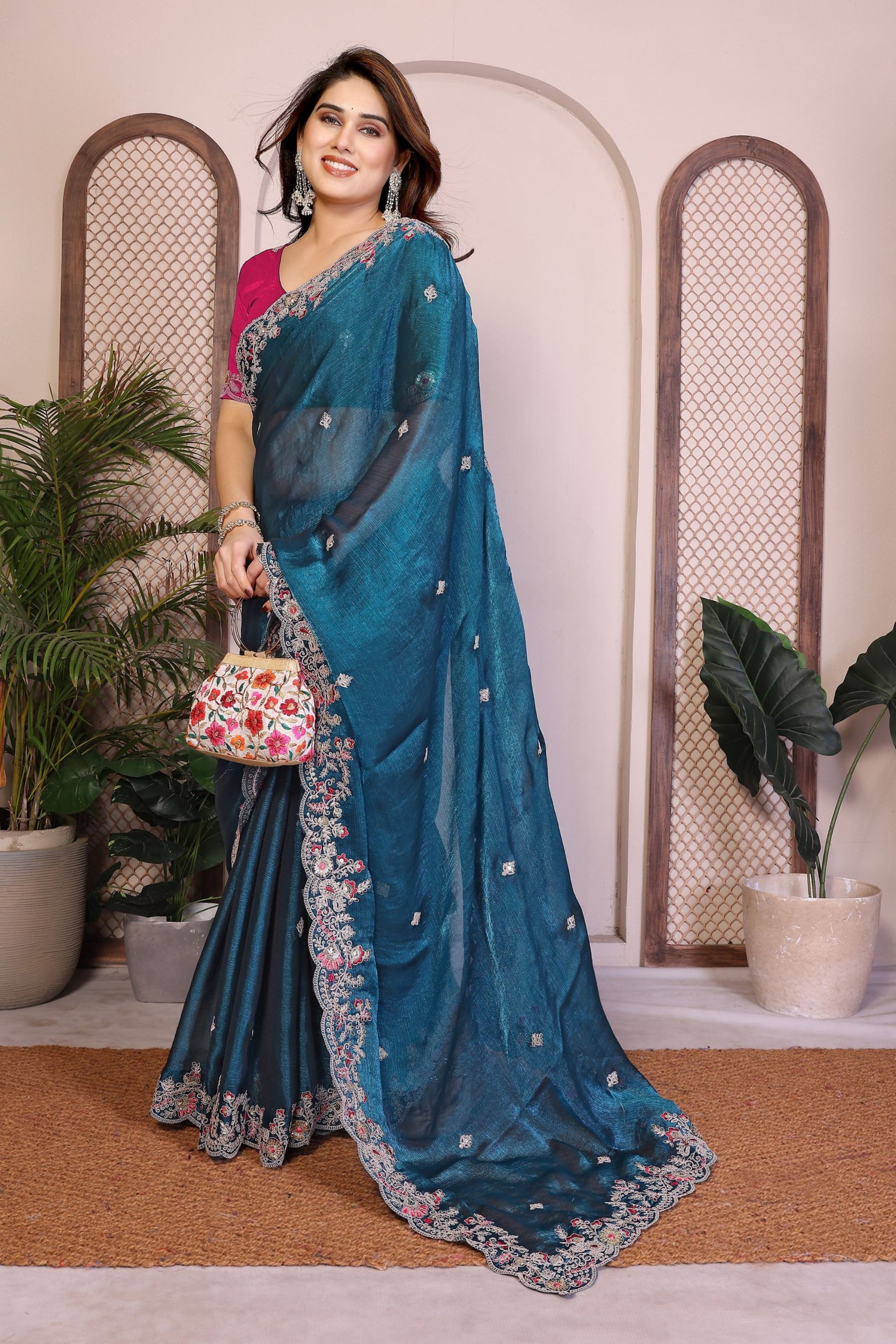 Teal Blue Embroidered Silk Saree with Magenta Blouse