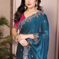 Teal Blue Embroidered Silk Saree with Magenta Blouse