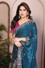 Teal Blue Embroidered Silk Saree with Magenta Blouse