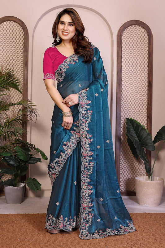 Teal Blue Embroidered Silk Saree with Magenta Blouse