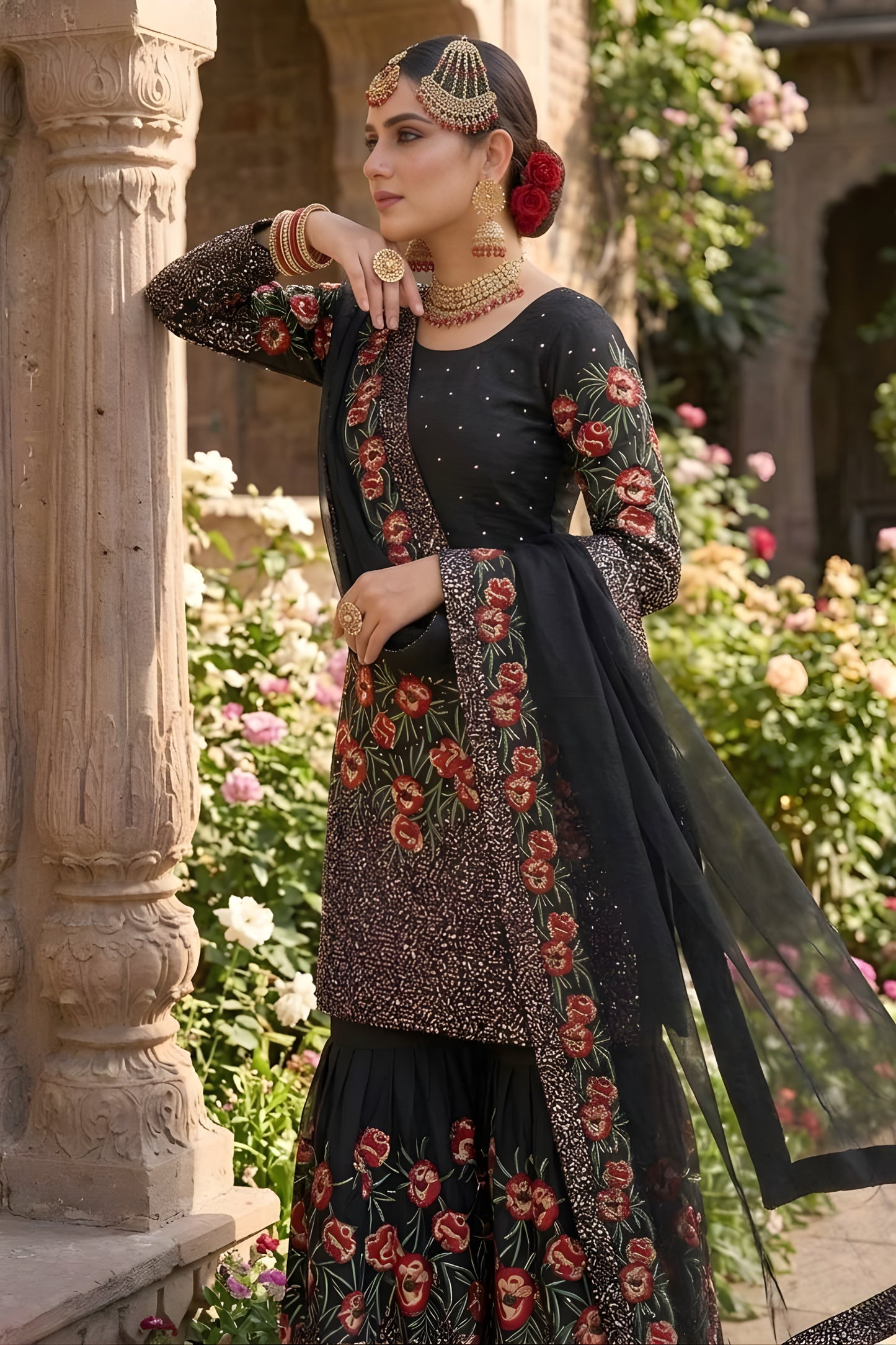 Stylish Black Fendy Silk Floral Embroidered Sharara Suit with Dupatta