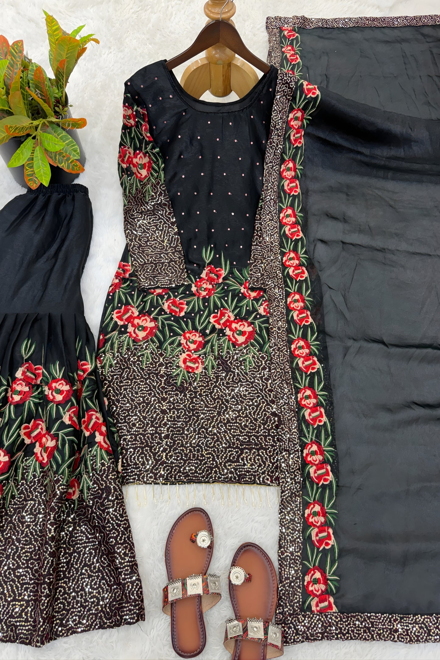 Stylish Black Fendy Silk Floral Embroidered Sharara Suit with Dupatta