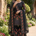 Stylish Black Fendy Silk Floral Embroidered Sharara Suit with Dupatta