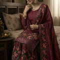 Elegant Maroon Fendy Silk Floral Embroidered Sharara Suit with Dupatta