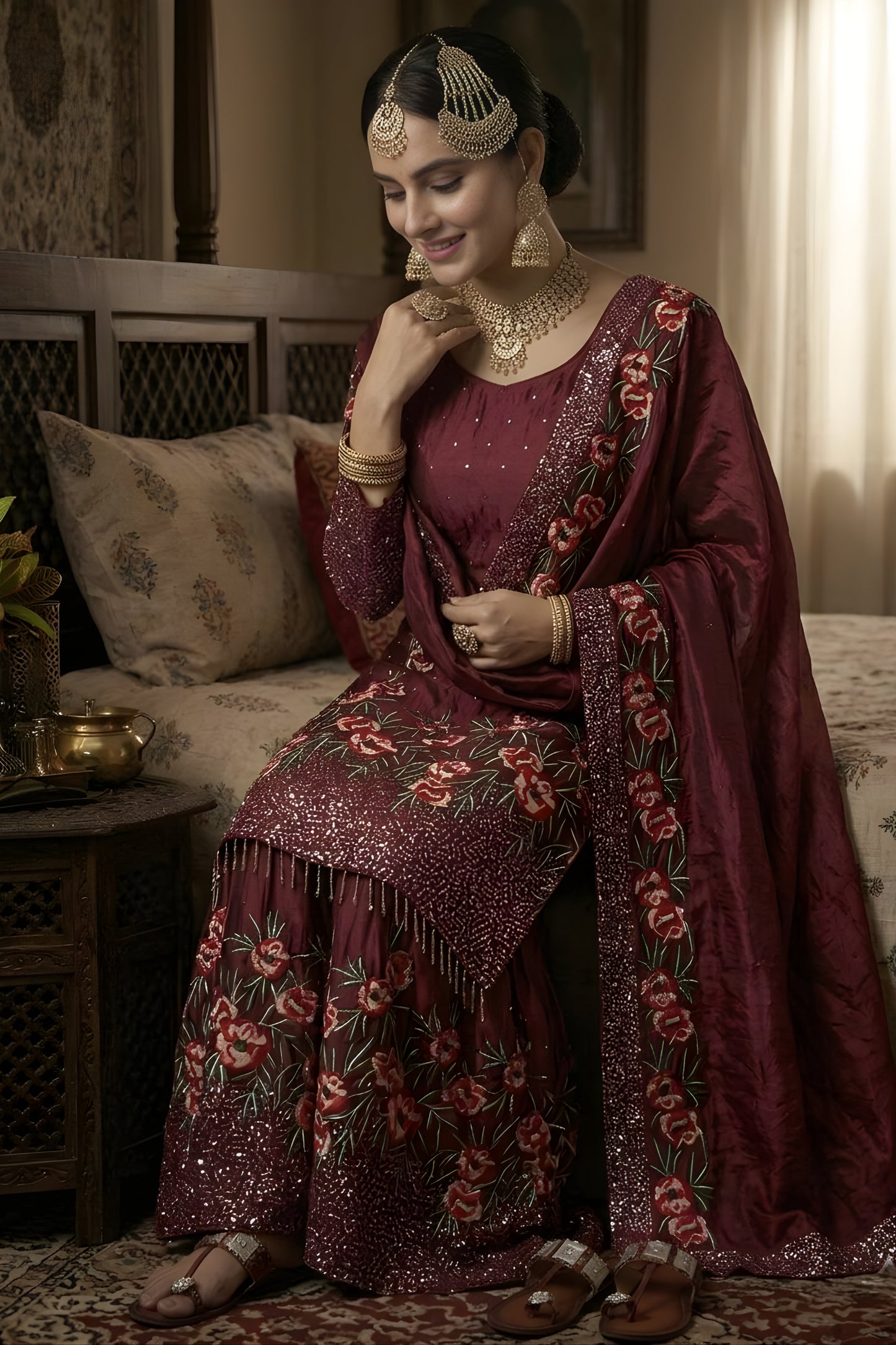 Elegant Maroon Fendy Silk Floral Embroidered Sharara Suit with Dupatta