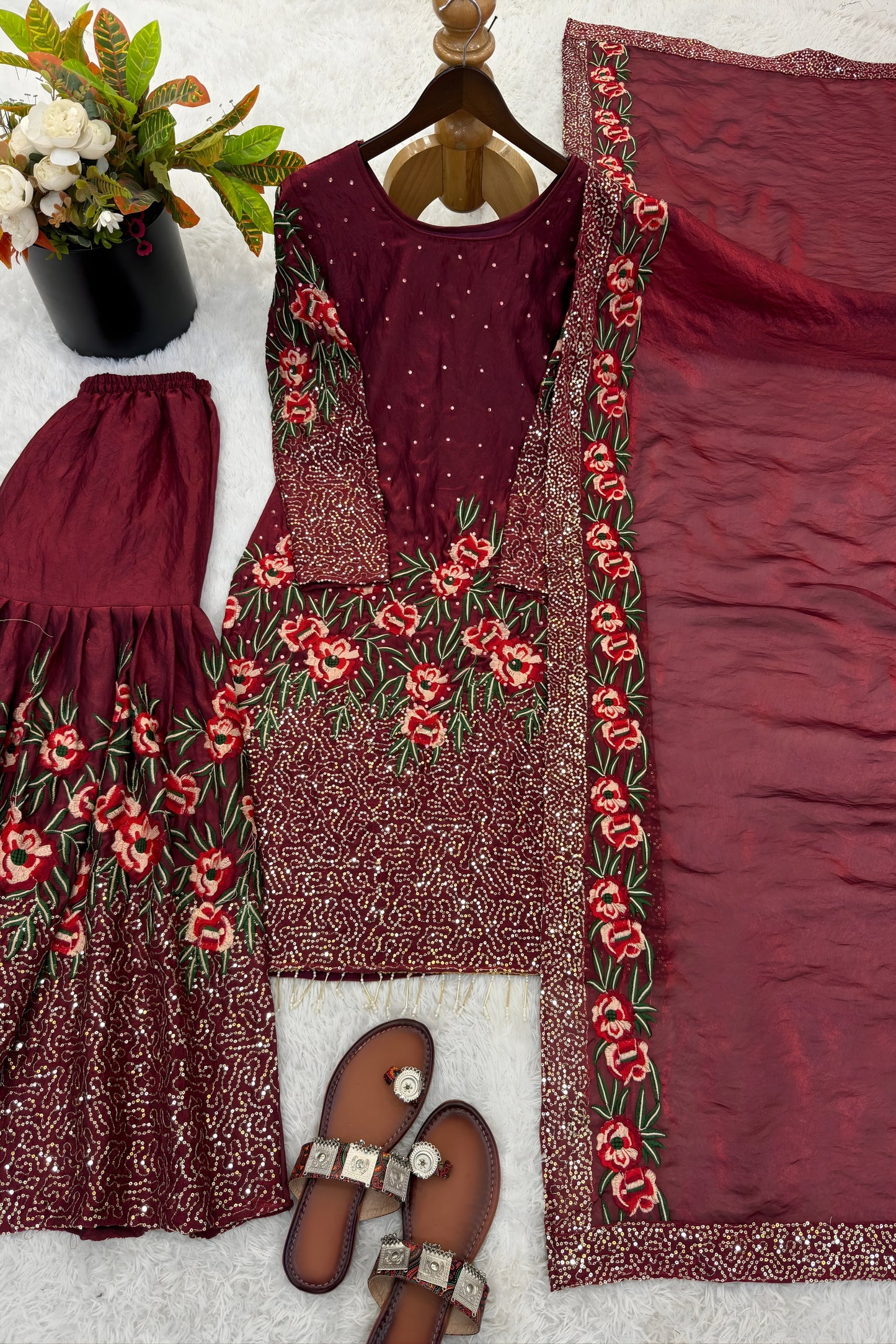 Elegant Maroon Fendy Silk Floral Embroidered Sharara Suit with Dupatta