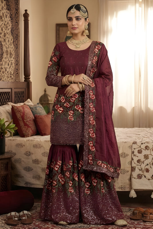 Elegant Maroon Fendy Silk Floral Embroidered Sharara Suit with Dupatta